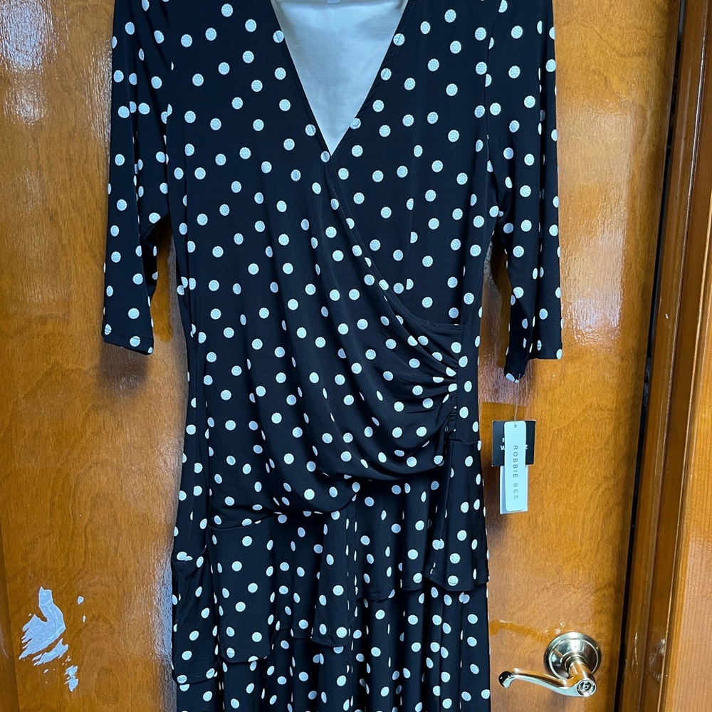 Robbie Bee Black and White Polka Dot Long Sleeve Dress